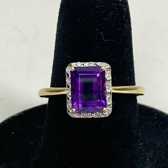 18K Solid Yellow Gold Amethyst with Diamond Halo Ring Size 6.75 - Picture 2 of 8